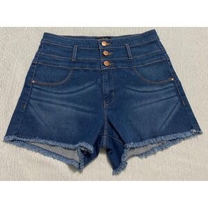 Refuge High Rise Frayed Denim Shorts Women's Size 10 Blue Fake Pockets